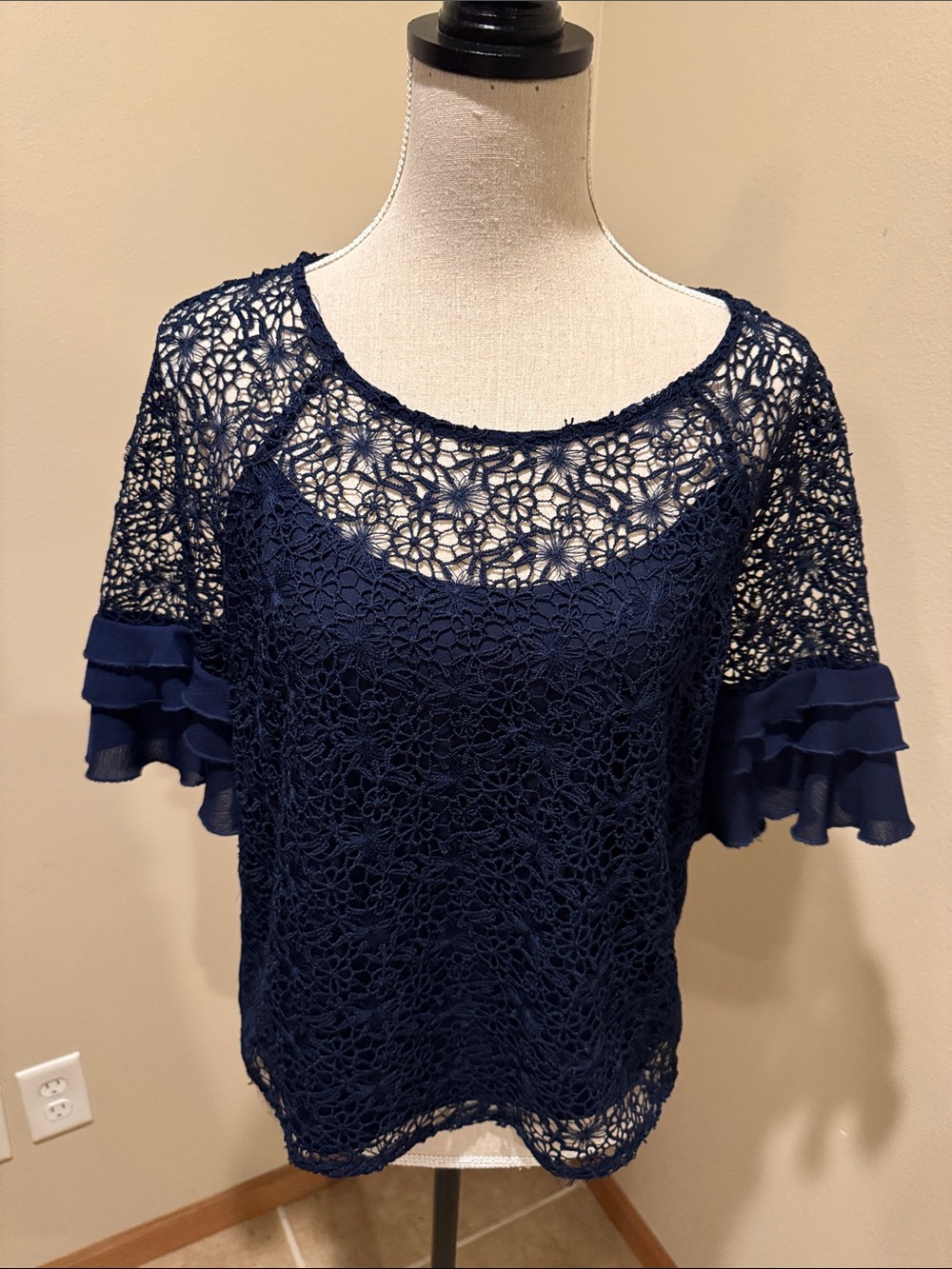 Navy Crochet Floral Ruffle Sleeve Blouse
